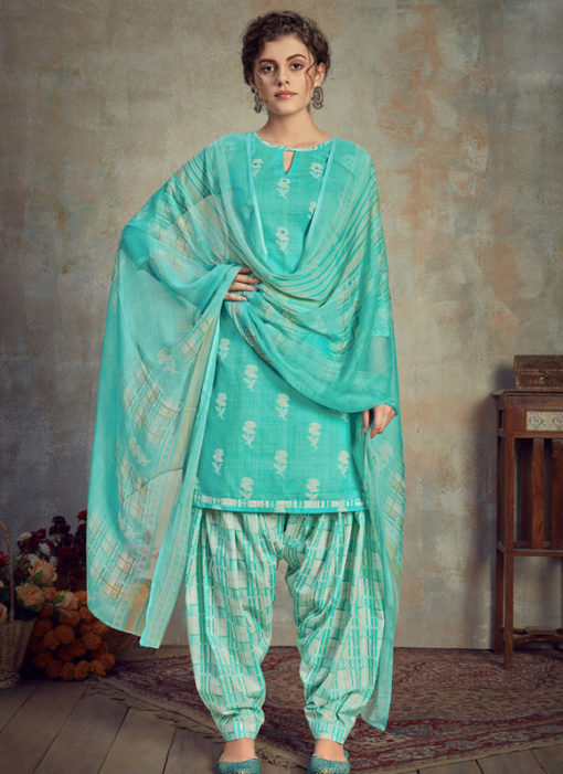 Sea Green Cotton Casual Wear Patiyala Salwar Suit