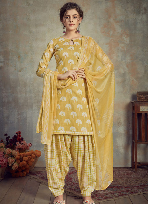 Yellow Cotton Casual Wear Patiyala Salwar Suit