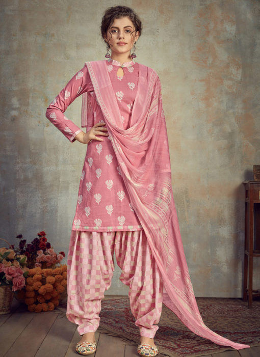 Pink Cotton Casual Wear Patiyala Salwar Suit