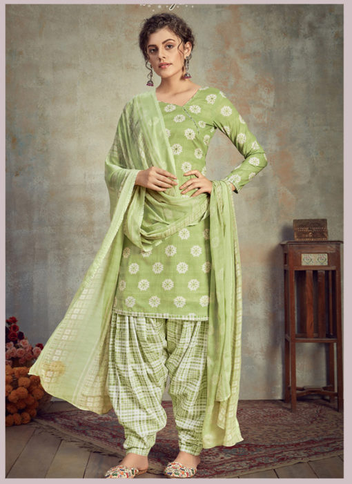 Green Cotton Casual Wear Patiyala Salwar Suit