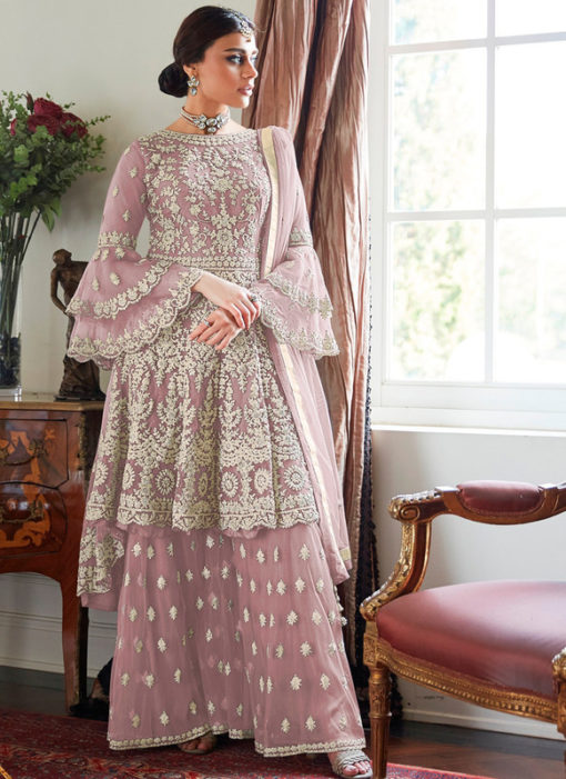 Purple Heavy Designer Soft Net Sharara Style Suit