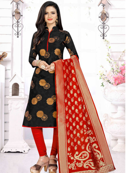 Black Banarasi Silk Party Wear Churidar Salwar Suit