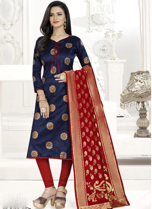 Blue Banarasi Silk Party Wear Churidar Salwar Suit