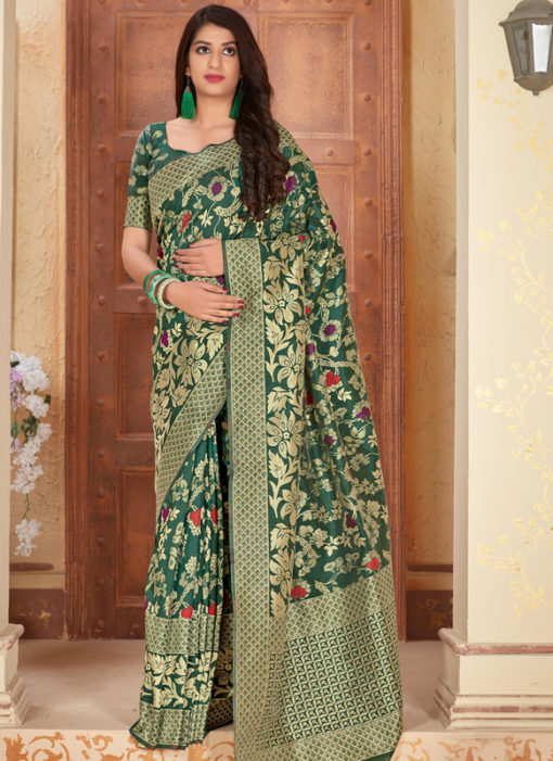 Green Banarasi Silk Zari Weaving Party Wear Saree