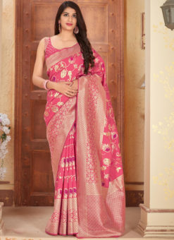 Pink Banarasi Silk Zari Weaving Party Wear Saree