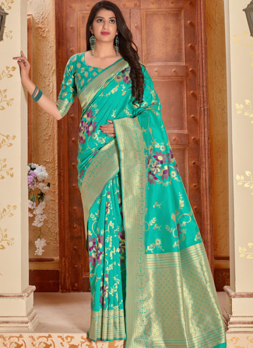 Aqua Banarasi Silk Zari Weaving Party Wear Saree