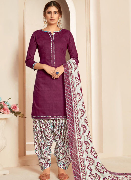 Purple Cotton Casual Wear Printed Patiyala Salwar Suit