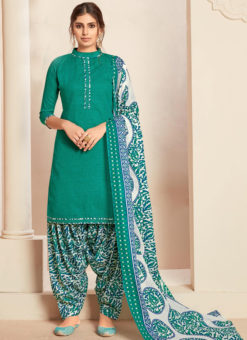 Green Cotton Casual Wear Printed Patiyala Salwar Suit