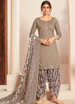 Beige Cotton Casual Wear Printed Patiyala Salwar Suit