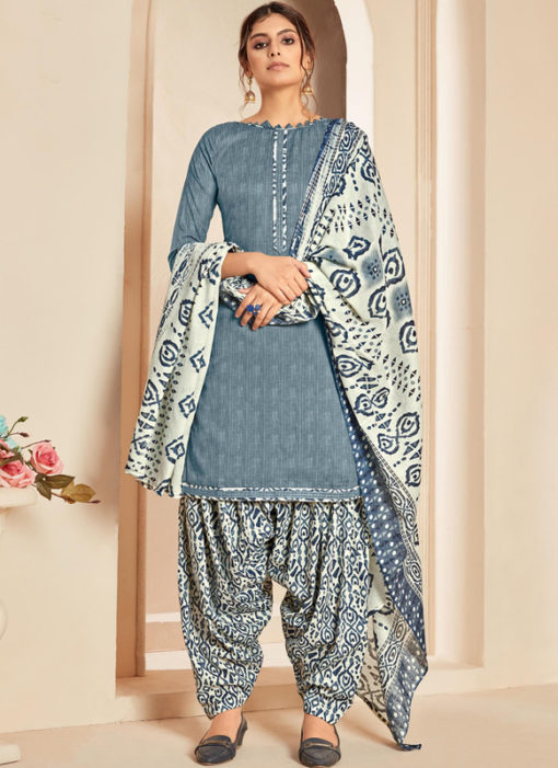 Grey Cotton Casual Wear Printed Patiyala Salwar Suit