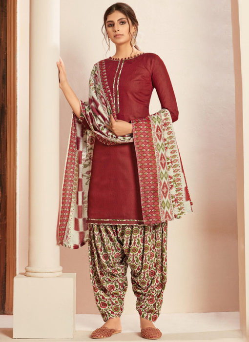 Maroon Cotton Casual Wear Printed Patiyala Salwar Suit