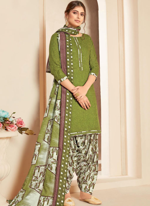 Green Cotton Casual Wear Printed Patiyala Salwar Suit