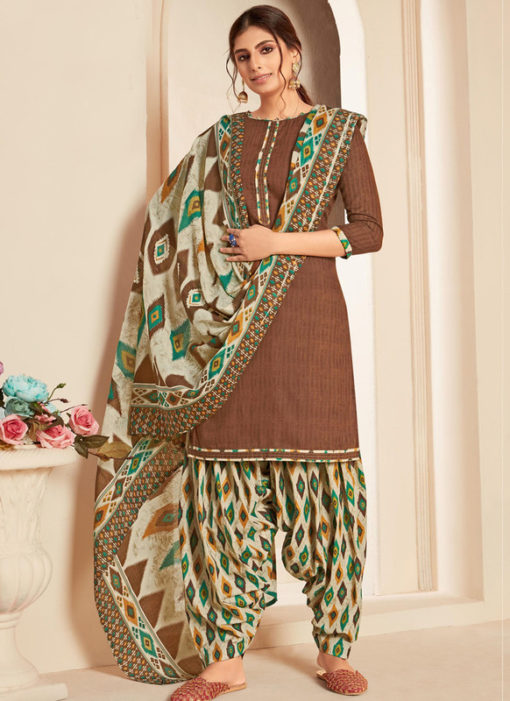 Brown Cotton Casual Wear Printed Patiyala Salwar Suit