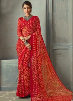 Elegant Red Chiffon Bandhni Print Traditional Saree