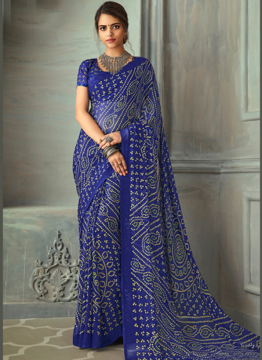 Aesthetic Blue Chiffon Bandhni Print Traditional Saree