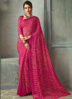 Swanky Pink Chiffon Bandhni Print Traditional Saree