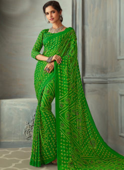 Dashing Green Chiffon Bandhni Print Traditional Saree