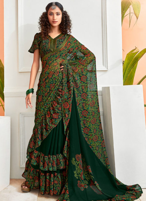 Lovely Green Chiffon Printed Party Wear Saree