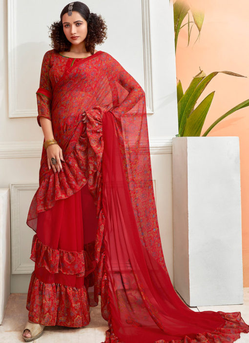 Attractive Red Chiffon Printed Party Wear Saree