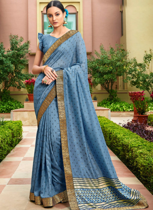 Blue Satin Silk Printed Party Wear Saree