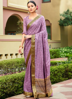 Purple Satin Silk Printed Party Wear Saree