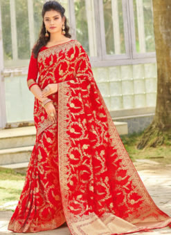 Red Silk Zari Weaving Party Wear Saree