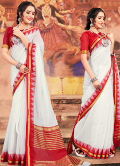 White Khadi Silk Wedding Wear Patch Border Saree