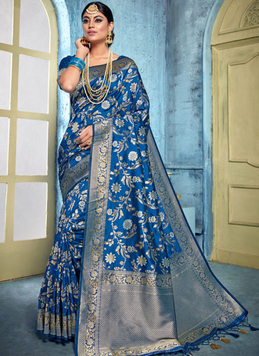 Blue Banarasi Silk Designer Zari Weaving Saree