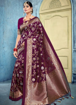 Wine Banarasi Silk Designer Zari Weaving Saree