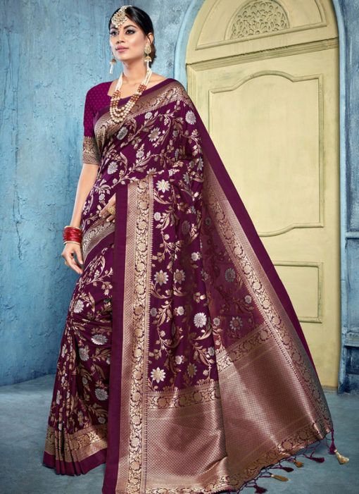 Wine Banarasi Silk Designer Zari Weaving Saree