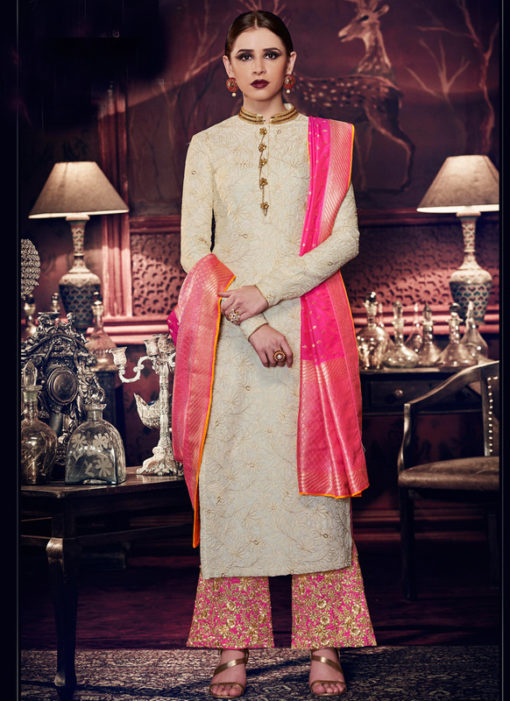 Off White Silk Designer Wedding Wear Pant Style Salwar Kameez