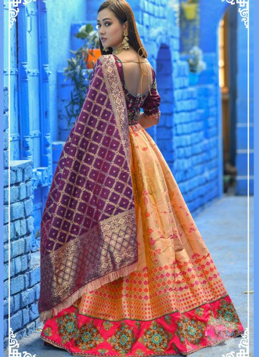 Peach Banarasi Silk Wedding Wear Lehenga Choli