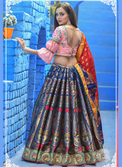Navy Blue Banarasi Silk Wedding Wear Lehenga Choli