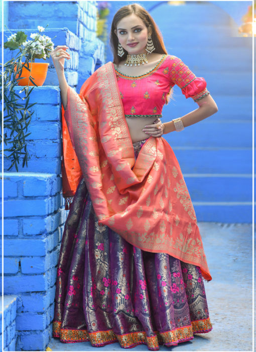 Purple Banarasi Silk Wedding Wear Lehenga Choli