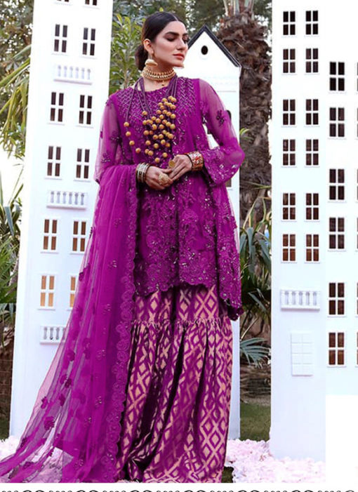 Purple Heavy Net Designer Party Wear Sharara Suit