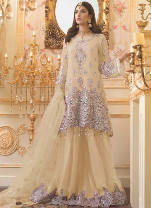 Cream Designer Party Wear Pakistani Style Mono Net Suit