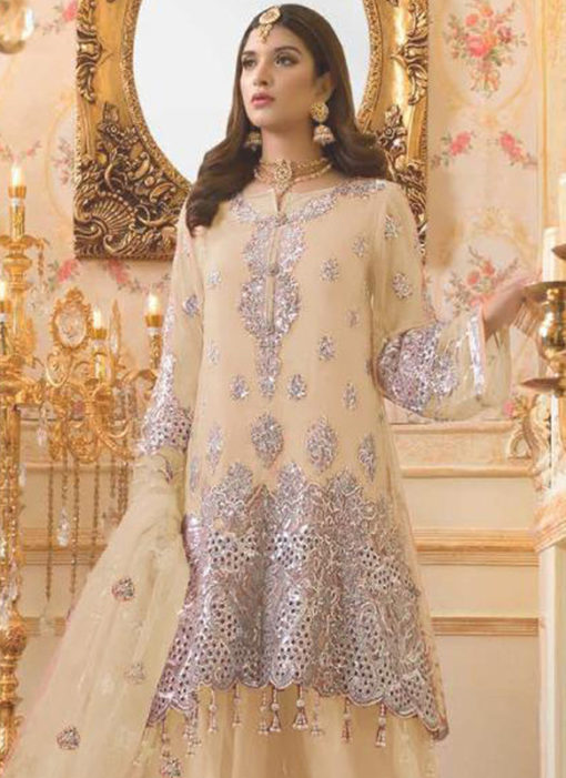Cream Designer Party Wear Pakistani Style Mono Net Suit