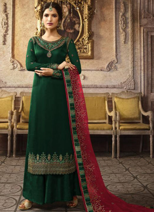 Green Satin Georgette Embroidered Work Designer Palazzo Suit