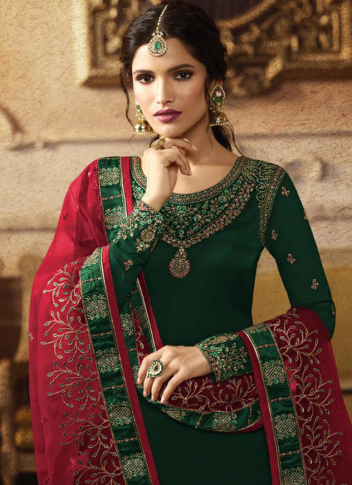 Green Satin Georgette Embroidered Work Designer Palazzo Suit