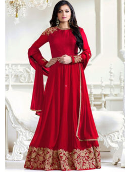 Drashti Dhami Red Embroidered Wedding Wear Floor Length Anarkali Suit