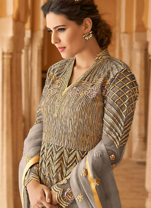 Grey Net Abaya Style Anarkali Suit