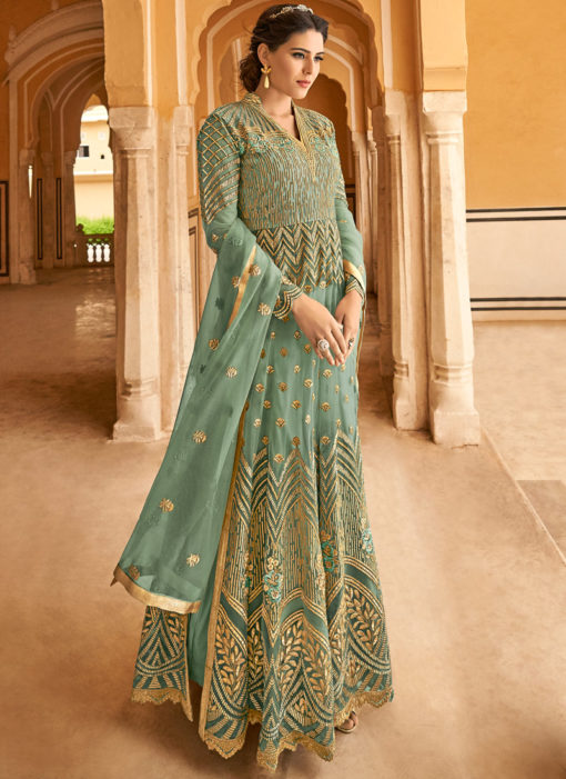 Sea Green Net Abaya Style Anarkali Suit