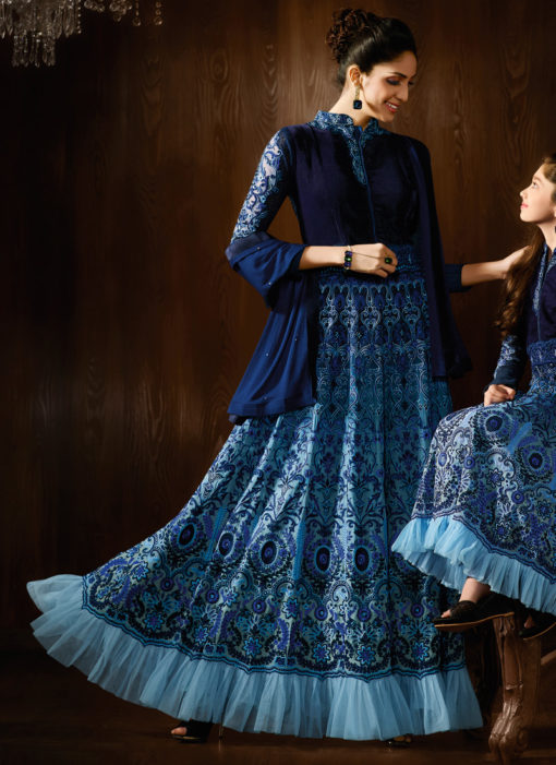 Blue Georgette Wedding Wear Floor Length Anarkali Mother & Daughter