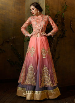 Peach Net Wedding Wear Floor Length Anarkali Suit