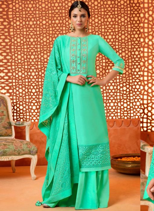 Green Silk Kimora Designer Party Wear Sharara Suit