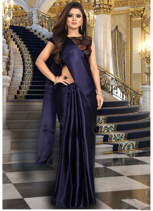 Regular Designer Navy Blue Satin Silk Fancy Saree
