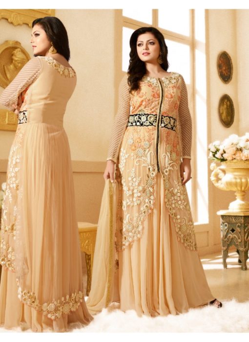 Gold Georgette Anarkali With Jacket Style Suit