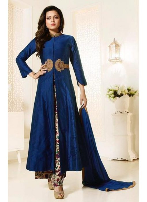 Blue Art Silk Designer Party Wear Embroidered Work Pant Style Suit