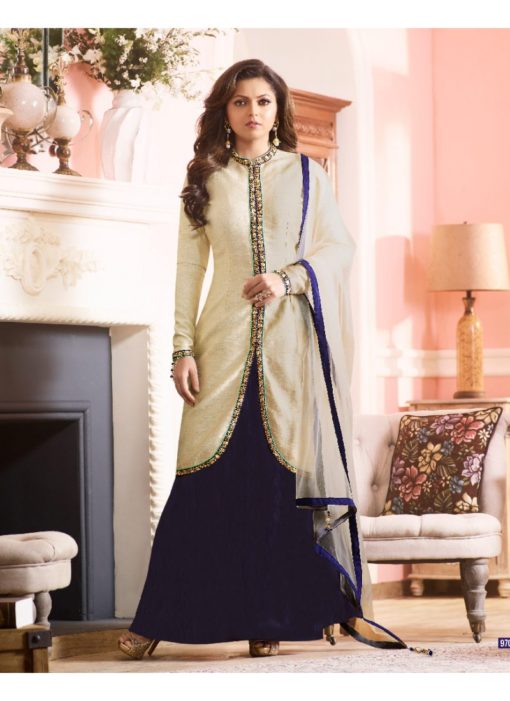 Blue Art Silk Jacket Style Designer Wedding Anarkali Suit