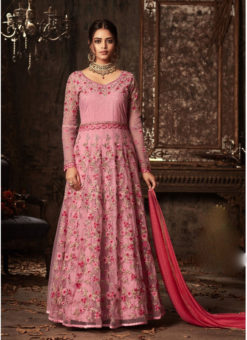 Pink Net Embroidered Work Designer Floor Length Anarkali Suit